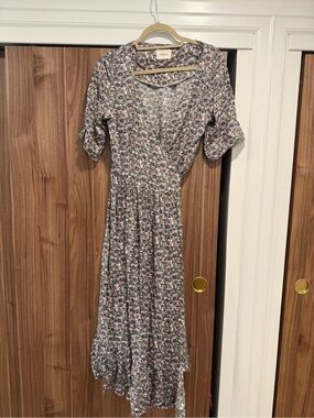 Obus Pink Floral Maxi Wrap Dress with Green Accents M